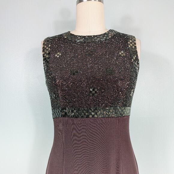 Vintage Oleg Cassini Beaded Maxi Dress Evening Gown 8 Brown Gold Sheath Guest - Picture 4 of 10
